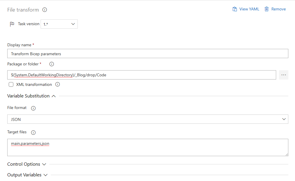 File Transform task that has the main.parameters.json file as the target