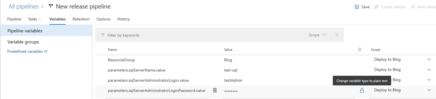 Pipeline variables table showing all 4 variables