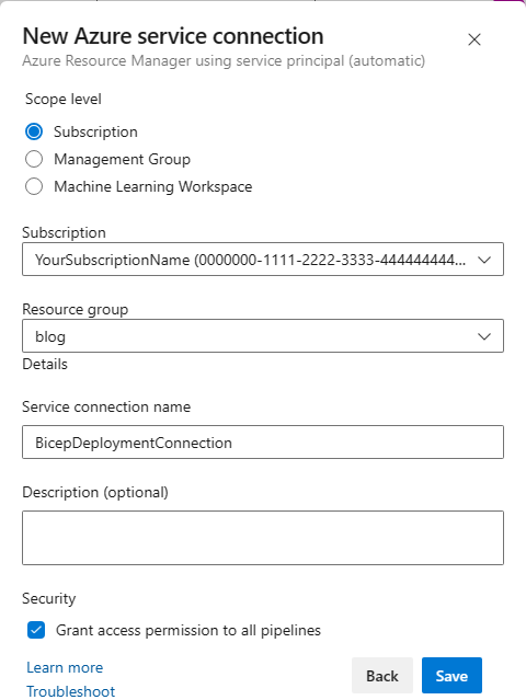 Service Principal creation dialog using automated security